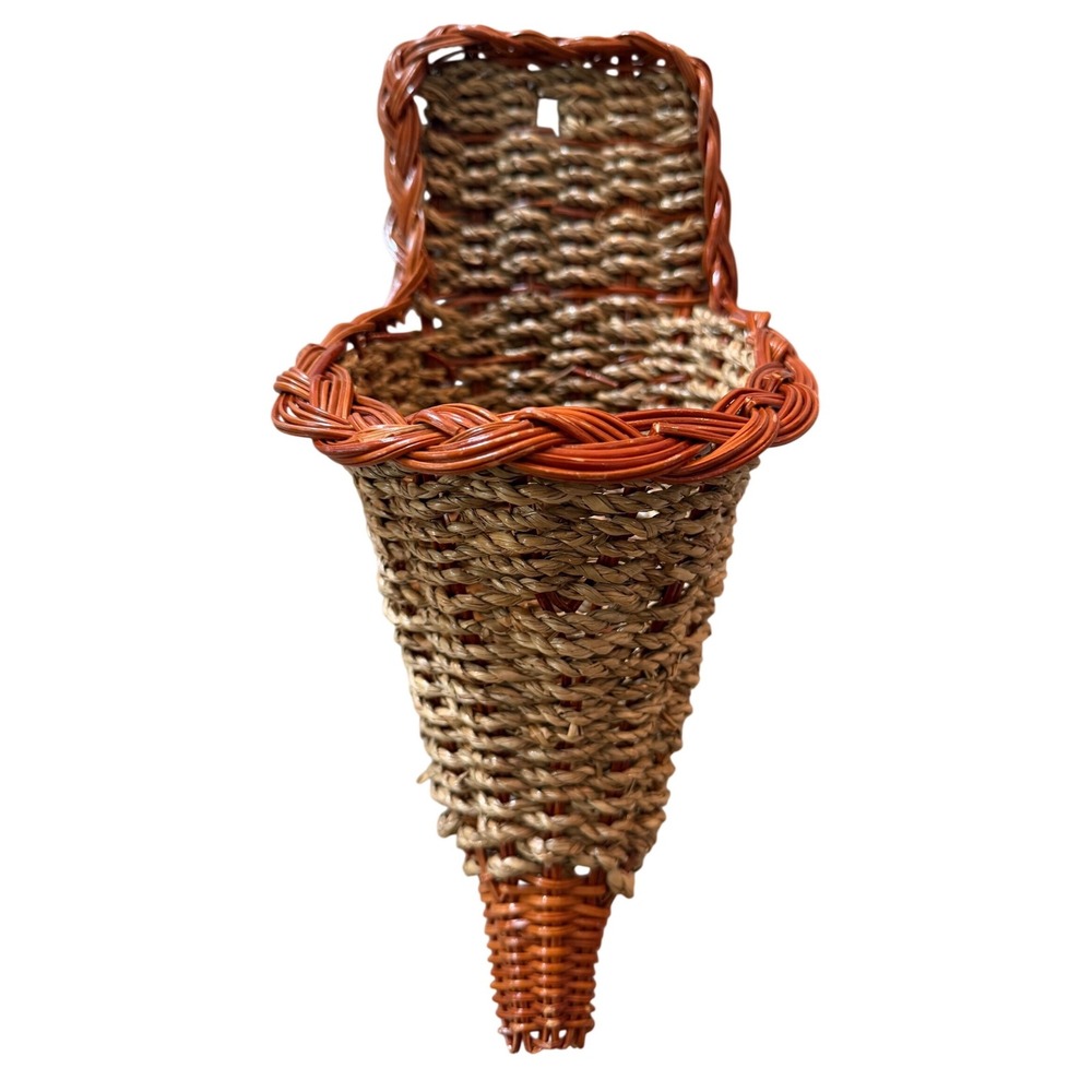 Vtg Woven Wicker Seagrass Wall Hanging Cone Basket Boho Farmhouse Decor Brown